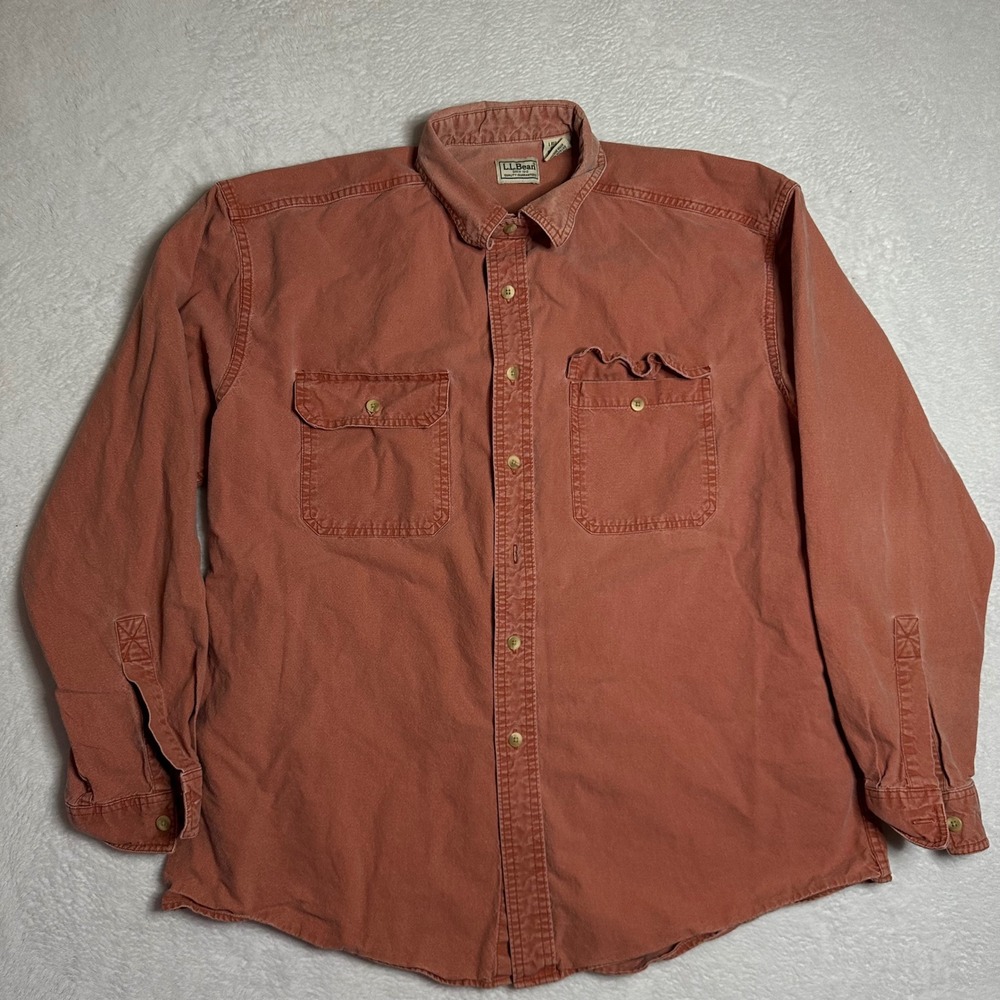 L.L. Bean Mens L Orange Button Down Shirt Long Sleeve Cotton Traditional Rugged